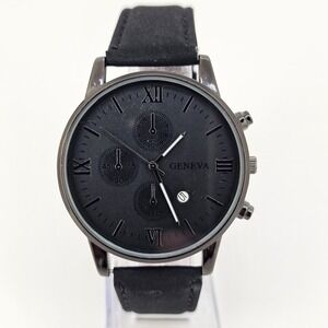 Men's Analog Watch 41MM Black Dial Date Black Faux Leather Bands New Battery